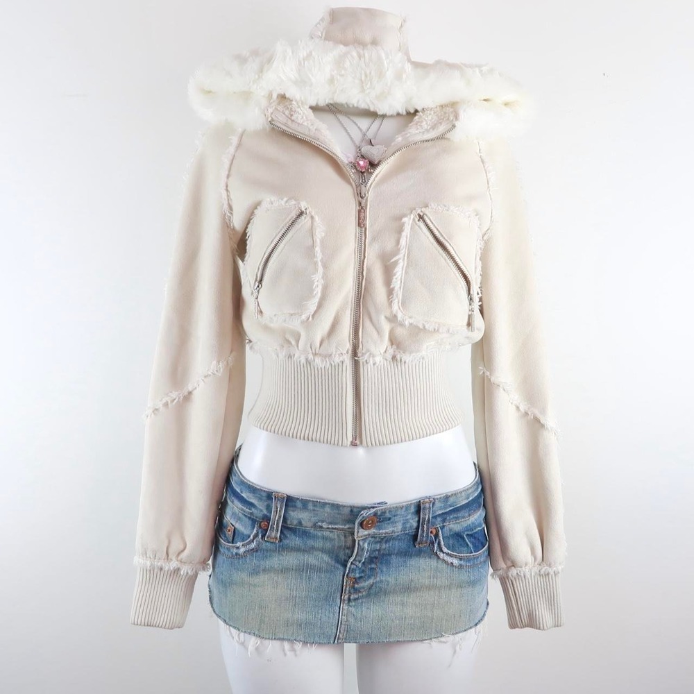 y2k candie's cream faux fur cropped jacket hoodie zip up 2000s